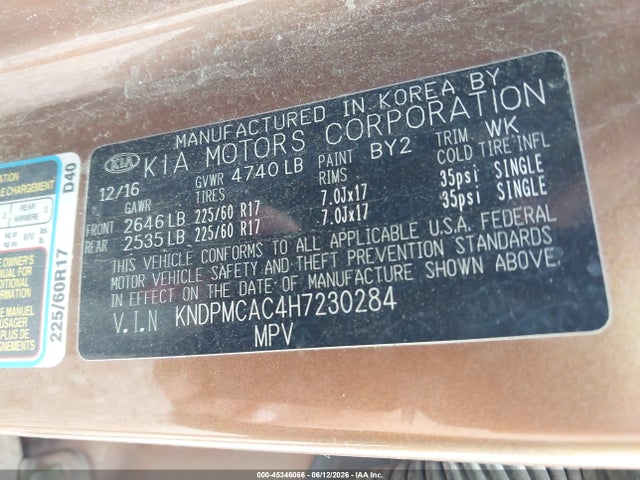 Aukcja sprzedaży 2017 Kia Sportage Lx, vin: KNDPMCAC4H7230284, numer aukcji: 45346066