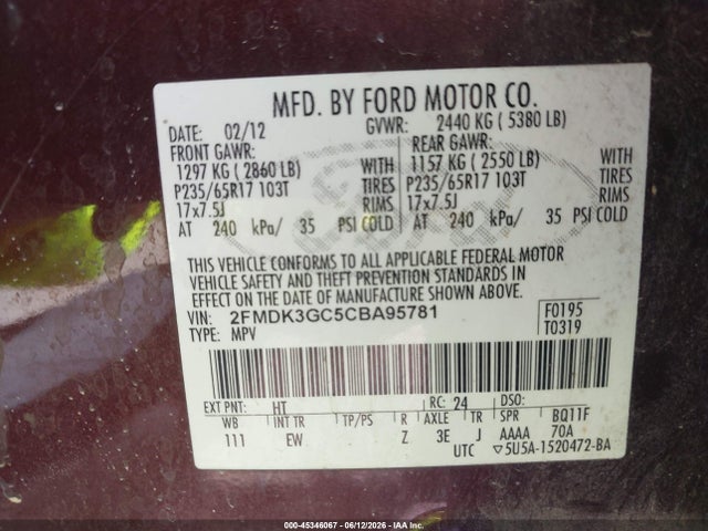 Aukcja sprzedaży 2012 Ford Edge Se, vin: 2FMDK3GC5CBA95781, numer aukcji: 45346067