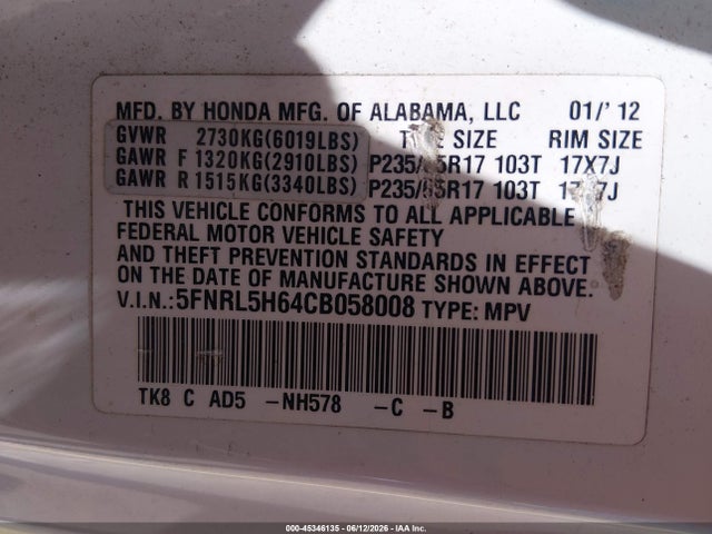 45346135 :رقم المزاد ، 5FNRL5H64CB058008 vin ، 2012 Honda Odyssey Ex-l مزاد بيع
