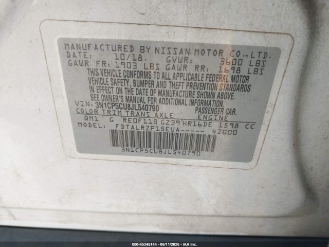 Aukcja sprzedaży 2018 Nissan Kicks S, vin: 3N1CP5CU8JL540790, numer aukcji: 45346144
