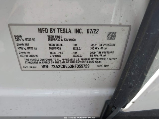 Продажа на аукционе авто 2022 Tesla Model X Dual Motor All-wheel Drive, vin: 7SAXCBE53NF355729, номер лота: 45346145