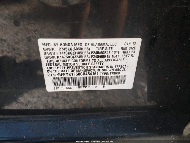 Aukcja sprzedaży 2012 Honda Ridgeline Rtl, vin: 5FPYK1F58CB454161, numer aukcji: 45346171