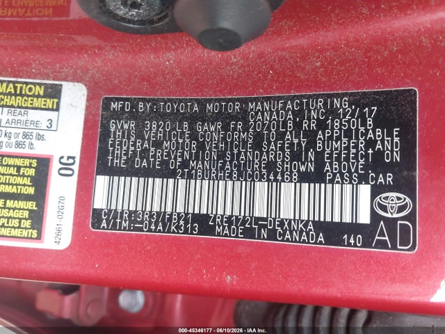 45346177 :رقم المزاد ، 2T1BURHE8JC034468 vin ، 2018 Toyota Corolla Le مزاد بيع