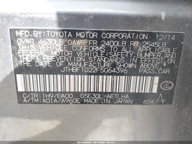 Продажа на аукционе авто 2015 Lexus Is 250, vin: JTHBF1D22F5064396, номер лота: 45346203