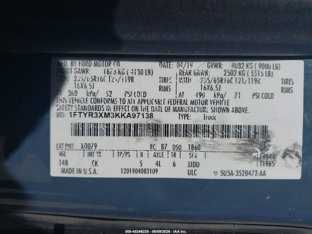 Aukcja sprzedaży 2019 Ford Transit-250, vin: 1FTYR3XM3KKA97138, numer aukcji: 45346228