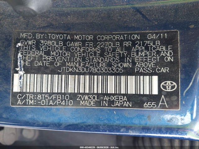 2011 Toyota Prius Two მანქანა იყიდება აუქციონზე, vin: JTDKN3DU7B0303305, აუქციონის ნომერი: 45346229
