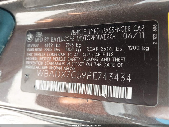 Aukcja sprzedaży 2011 Bmw 335i, vin: WBADX7C59BE743434, numer aukcji: 45346262