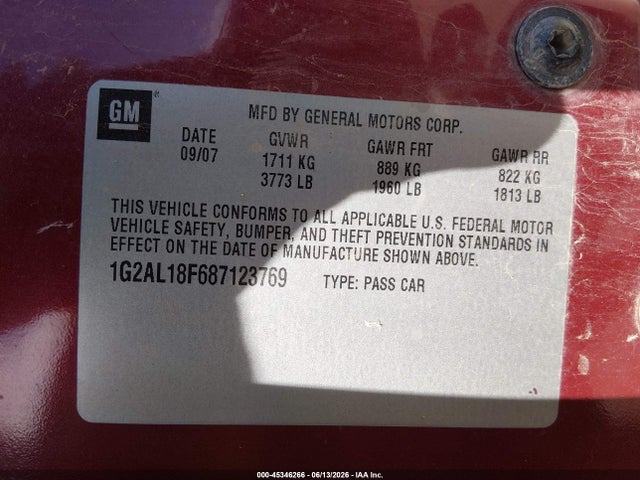 2008 Pontiac G5 მანქანა იყიდება აუქციონზე, vin: 1G2AL18F687123769, აუქციონის ნომერი: 45346266