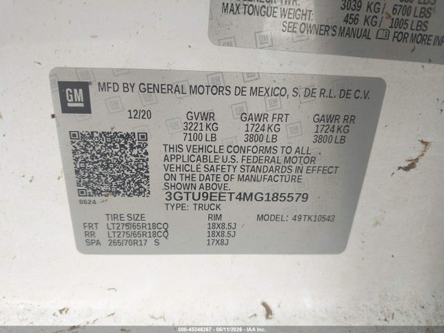 2021 Gmc Sierra 1500 4wd  Short Box At4 მანქანა იყიდება აუქციონზე, vin: 3GTU9EET4MG185579, აუქციონის ნომერი: 45346267