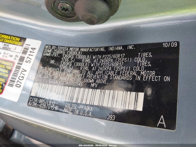 45346268 :رقم المزاد ، 5TDDK4CC3AS032545 vin ، 2010 Toyota Sienna Xle مزاد بيع