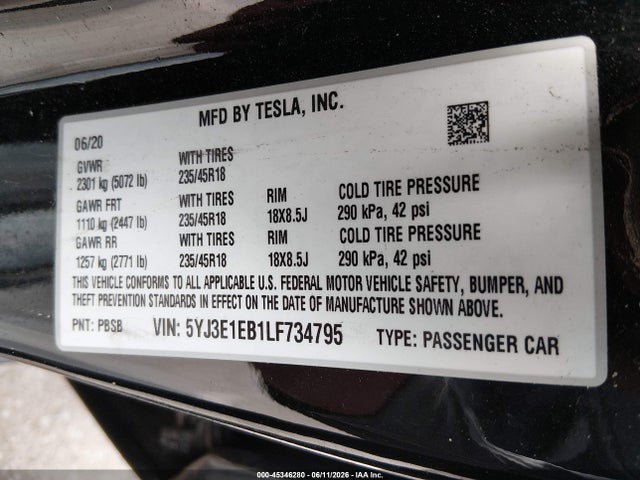 Продажа на аукционе авто 2020 Tesla Model 3 Long Range Dual Motor All-wheel Drive, vin: 5YJ3E1EB1LF734795, номер лота: 45346280
