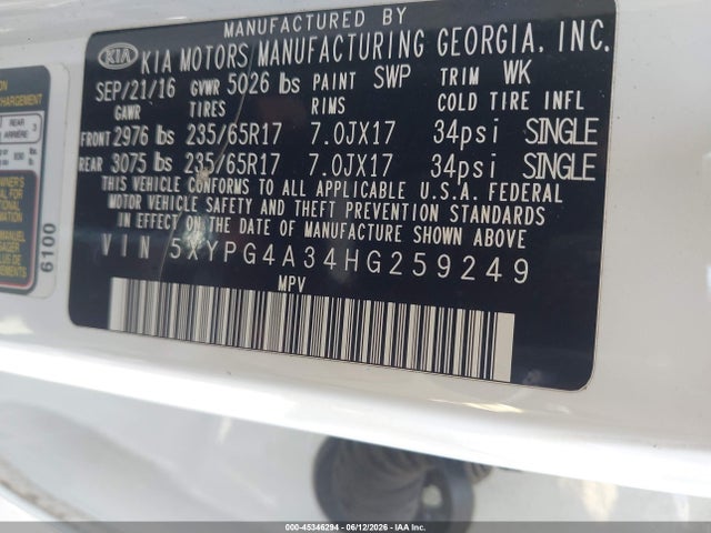 45346294 :رقم المزاد ، 5XYPG4A34HG259249 vin ، 2017 Kia Sorento 2.4l Lx مزاد بيع