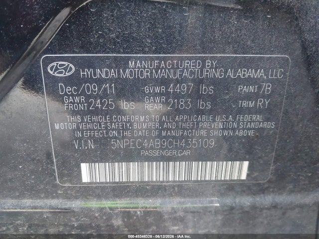 Aukcja sprzedaży 2012 Hyundai Sonata Se 2.0t, vin: 5NPEC4AB9CH435109, numer aukcji: 45346328