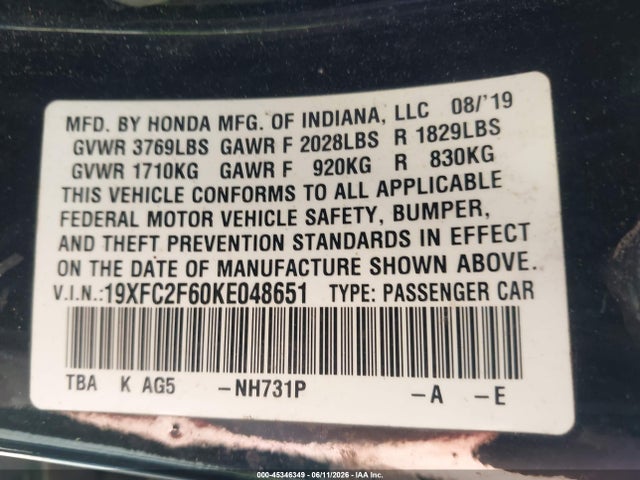 Aukcja sprzedaży 2019 Honda Civic Lx, vin: 19XFC2F60KE048651, numer aukcji: 45346349