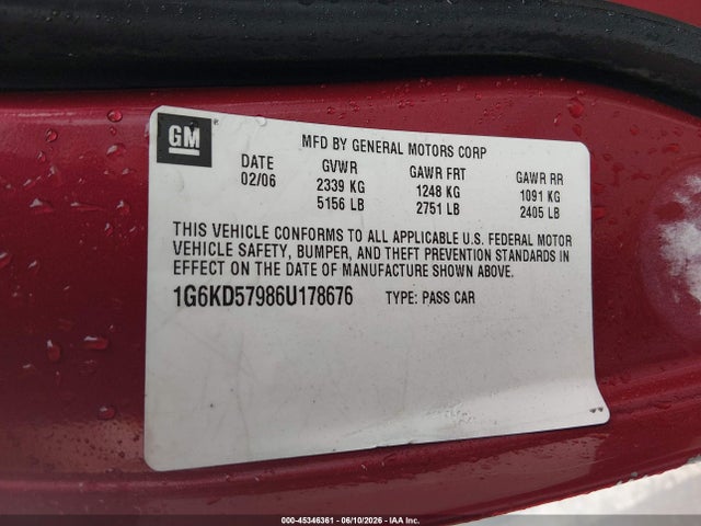 Продаж на аукціоні авто 2006 Cadillac Dts 1se, vin: 1G6KD57986U178676, номер лоту: 45346361