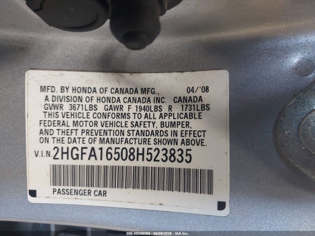 Aukcja sprzedaży 2008 Honda Civic Lx, vin: 2HGFA16508H523835, numer aukcji: 45346365