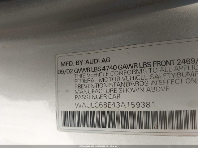2003 Audi A4 1.8t მანქანა იყიდება აუქციონზე, vin: WAULC68E43A159381, აუქციონის ნომერი: 45346375