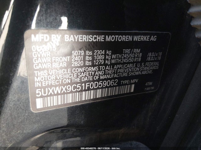 45346376 :رقم المزاد ، 5UXWX9C51F0D59062 vin ، 2015 Bmw X3 Xdrive28i مزاد بيع