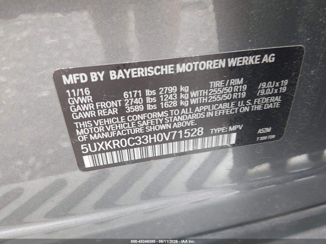 45346380 :رقم المزاد ، 5UXKR0C33H0V71528 vin ، 2017 Bmw X5 Xdrive35i مزاد بيع