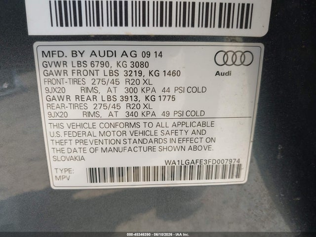 Продажа на аукционе авто 2015 Audi Q7 3.0t Premium, vin: WA1LGAFE3FD007974, номер лота: 45346390