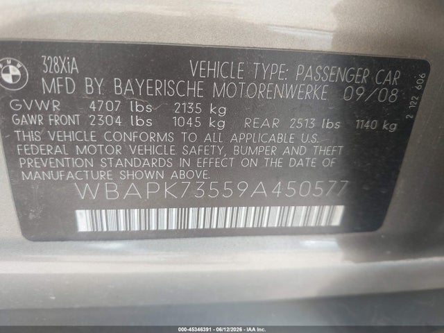 45346391 :رقم المزاد ، WBAPK73559A450577 vin ، 2009 Bmw 328i Xdrive مزاد بيع