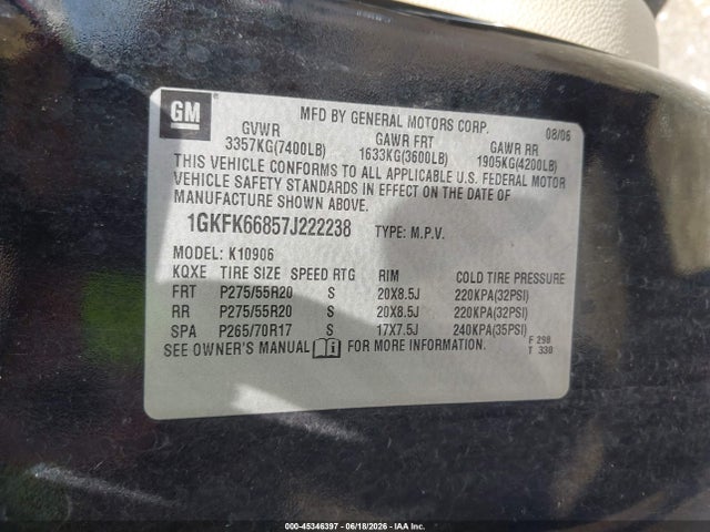 2007 Gmc Yukon Xl 1500 Denali მანქანა იყიდება აუქციონზე, vin: 1GKFK66857J222238, აუქციონის ნომერი: 45346397