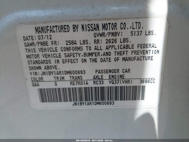 Продажа на аукционе авто 2013 Infiniti M37x, vin: JN1BY1AR1DM600693, номер лота: 45346419