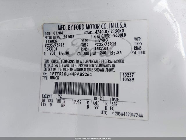 2004 Ford Ranger Edge/xl/xlt მანქანა იყიდება აუქციონზე, vin: 1FTYR10U44PA82264, აუქციონის ნომერი: 45346426