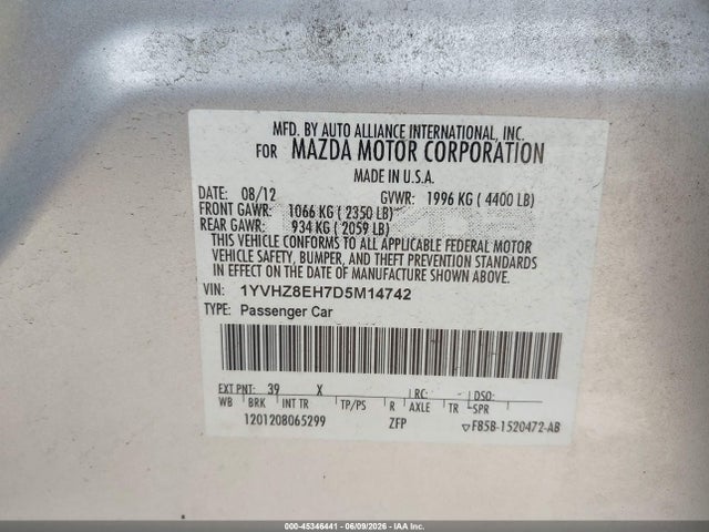 Aukcja sprzedaży 2013 Mazda Mazda6 I Touring Plus, vin: 1YVHZ8EH7D5M14742, numer aukcji: 45346441