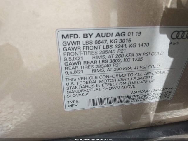 45346446 :رقم المزاد ، WA1VAAF73KD030564 vin ، 2019 Audi Q7 55 Premium مزاد بيع