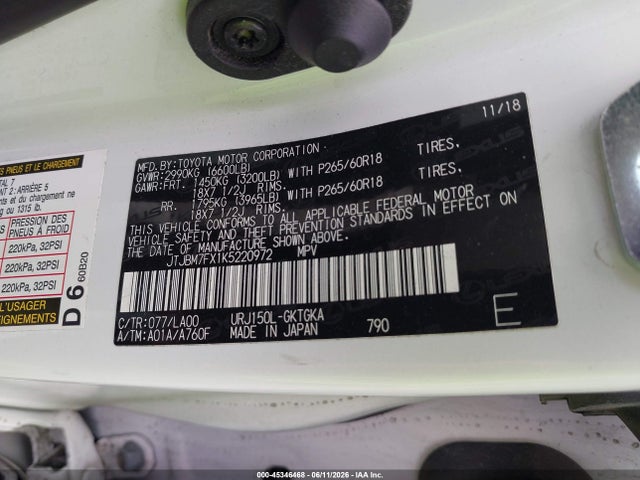 Aukcja sprzedaży 2019 Lexus Gx 460 Premium, vin: JTJBM7FX1K5220972, numer aukcji: 45346468