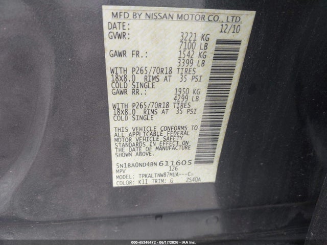 Продажа на аукционе авто 2011 Nissan Armada Sv, vin: 5N1BA0ND4BN611605, номер лота: 45346472