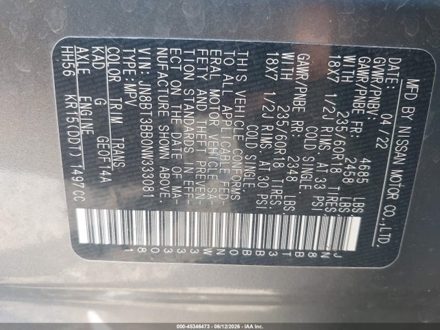 JN8BT3BB0NW333081 Nissan Rogue Sv Intelligent Awd