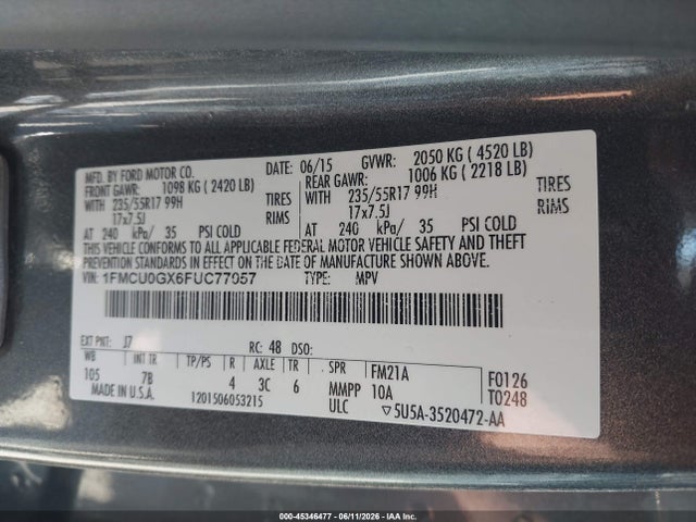 45346477 :رقم المزاد ، 1FMCU0GX6FUC77057 vin ، 2015 Ford Escape Se مزاد بيع