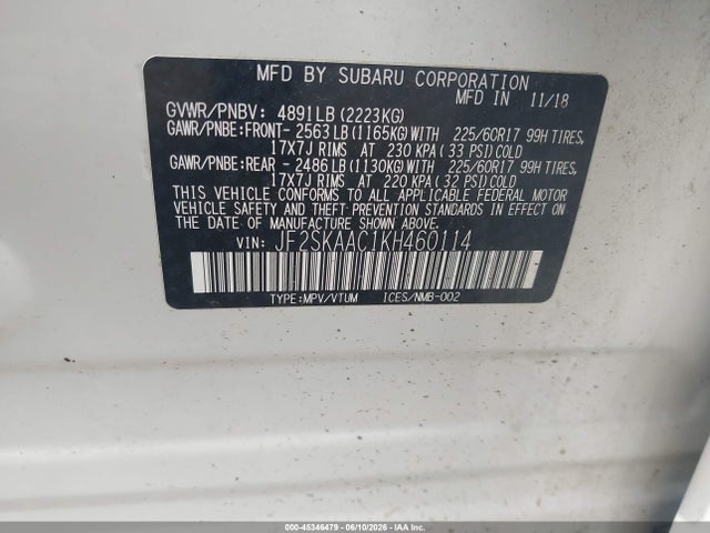 Продаж на аукціоні авто 2019 Subaru Forester, vin: JF2SKAAC1KH460114, номер лоту: 45346479