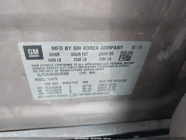 45346492 :رقم المزاد ، KL4CJGSB1EB785958 vin ، 2014 Buick Encore Leather مزاد بيع