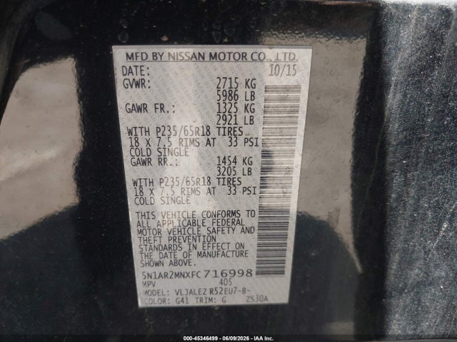 Продажа на аукционе авто 2015 Nissan Pathfinder Sv, vin: 5N1AR2MNXFC716998, номер лота: 45346499