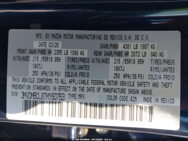 45346500 :رقم المزاد ، 3MVDMBCL8TM150753 vin ، 2026 Mazda Cx-30 2.5 S Preferred مزاد بيع