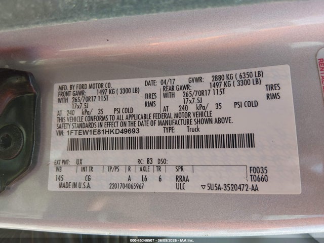 Ford F-150 Xl 2017 1FTEW1E81HKD49693 Image 9