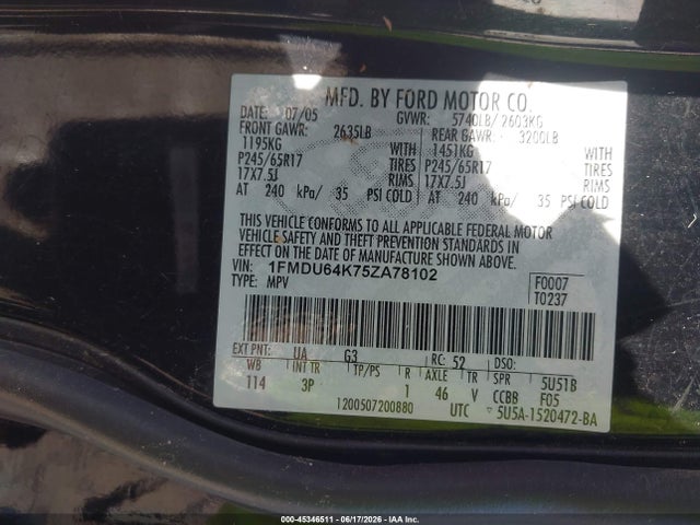 Aukcja sprzedaży 2005 Ford Explorer Eddie Bauer, vin: 1FMDU64K75ZA78102, numer aukcji: 45346511