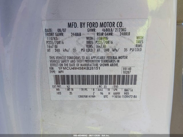 2008 Ford Escape Hybrid მანქანა იყიდება აუქციონზე, vin: 1FMCU49H58KB28151, აუქციონის ნომერი: 45346542