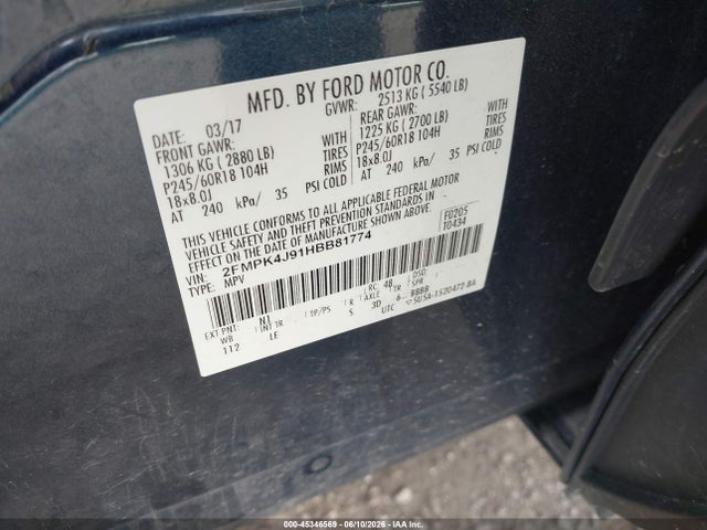 45346569 :رقم المزاد ، 2FMPK4J91HBB81774 vin ، 2017 Ford Edge Sel مزاد بيع