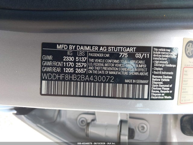 45346579 :رقم المزاد ، WDDHF8HB2BA430072 vin ، 2011 Mercedes-benz E 350 4matic مزاد بيع