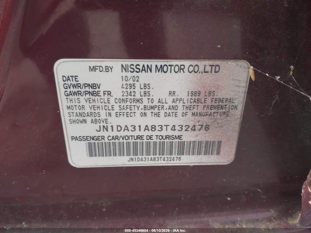 Продаж на аукціоні авто 2003 Nissan Maxima Gle, vin: JN1DA31A83T432476, номер лоту: 45346604