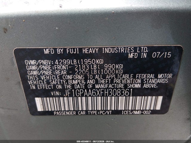 Aukcja sprzedaży 2015 Subaru Impreza 2.0i, vin: JF1GPAA6XFH308361, numer aukcji: 45346611