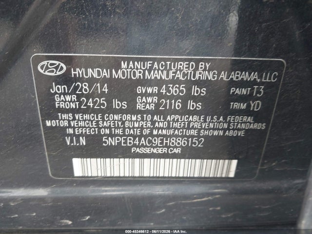 Продажа на аукционе авто 2014 Hyundai Sonata Gls, vin: 5NPEB4AC9EH886152, номер лота: 45346612