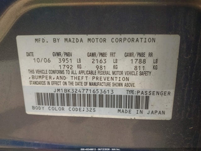 Продаж на аукціоні авто 2007 Mazda Mazda3 S Sport, vin: JM1BK324771653613, номер лоту: 45346613