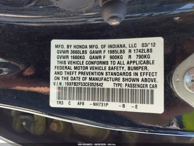 2012 Honda Civic Lx მანქანა იყიდება აუქციონზე, vin: 19XFB2F53CE052642, აუქციონის ნომერი: 45346633