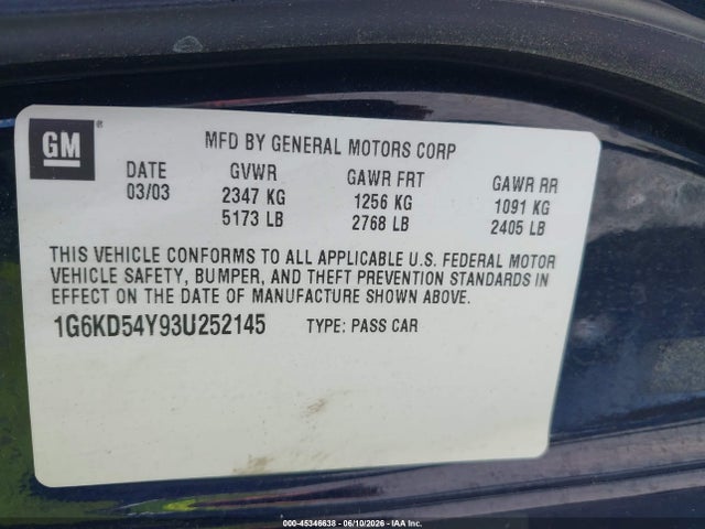 2003 Cadillac Deville Standard მანქანა იყიდება აუქციონზე, vin: 1G6KD54Y93U252145, აუქციონის ნომერი: 45346638