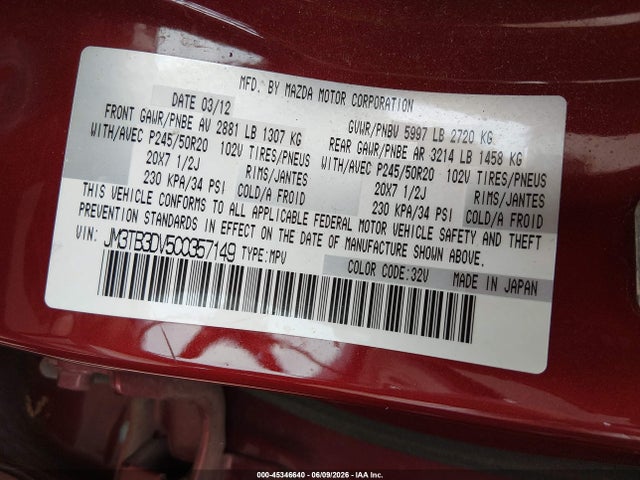 2012 Mazda Cx-9 Grand Touring მანქანა იყიდება აუქციონზე, vin: JM3TB3DV5C0357149, აუქციონის ნომერი: 45346640